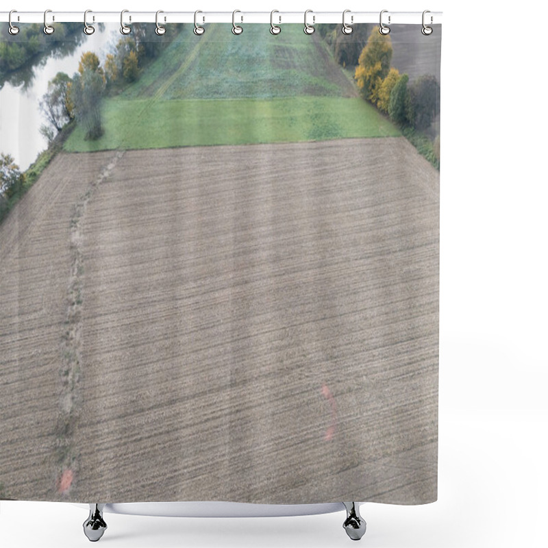 Personality  Aerial View Of Agricultural Fields With Varying Crops And A River For Irrigation Showcasing The Beauty Of Rural Landscapes. Shower Curtains