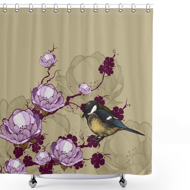 Personality  Background With Flowering Branch And Bird Titmouse, Hand-drawing Shower Curtains