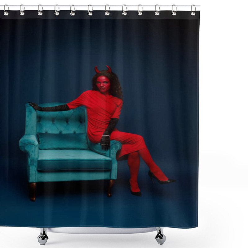 Personality  The Enchanting Woman, Dressed In A Vivid Red Costume, Strikes A Pose On A Teal Armchair. Shower Curtains