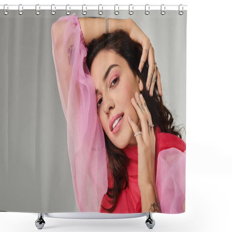 Personality  Bright Studio With A Young Woman Flaunting Bold Makeup And Vibrant Clothing. Shower Curtains