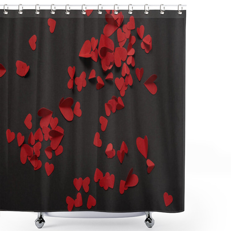 Personality  Top View Of Red Small Paper Cut Hearts On Black Background Shower Curtains