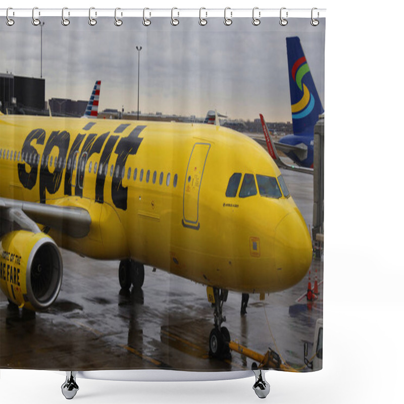 Personality  CHICAGO, ILLINOIS - MARCH 14, 2019: Spirit Airlines Airbus A320 On Tarmac At O'Hare International Airport In Chicago Shower Curtains