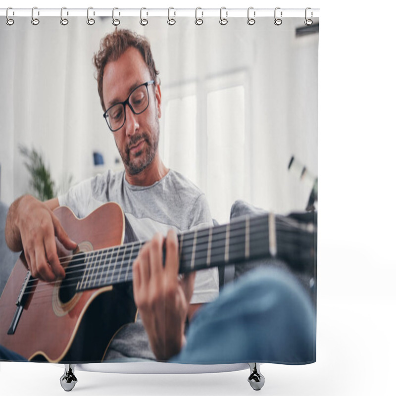 Personality  Man Playing Acoustic Guitar In The Living Room. Shower Curtains