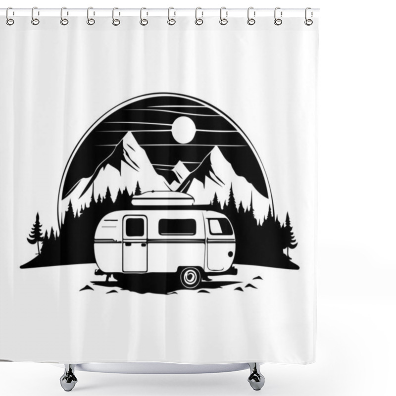 Personality  Camper Camp Camping Site With Mountains And Tree, Camping In The Woods, Campsite With Trailer Landscape In Retro Style Shower Curtains