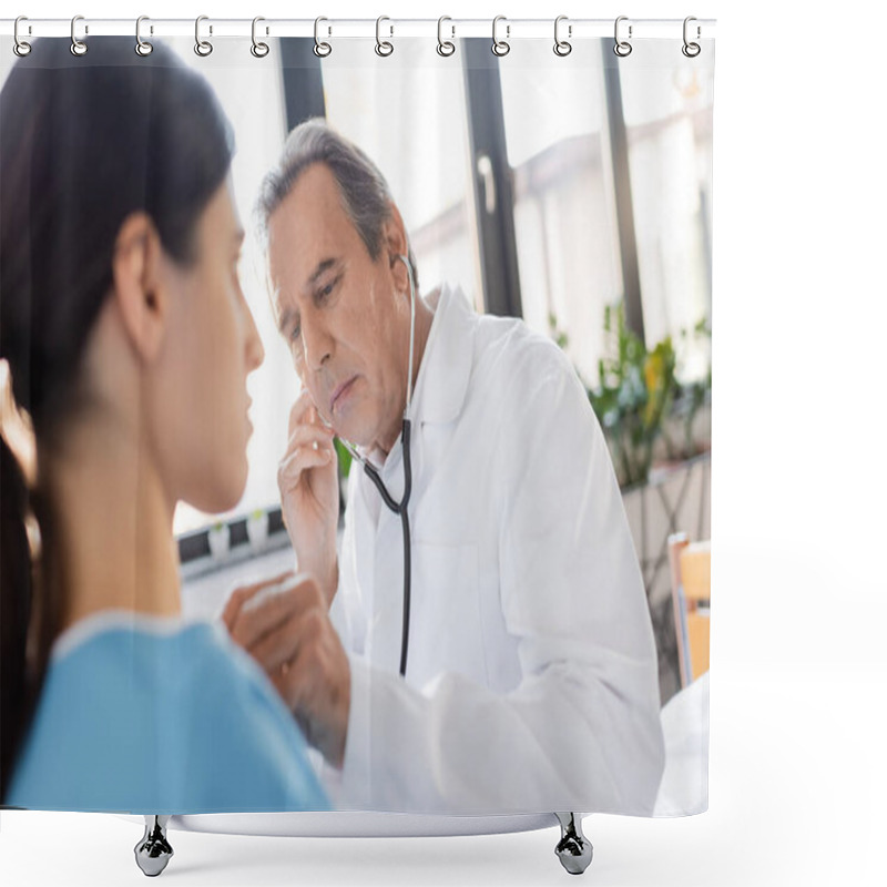 Personality  Elderly Doctor Examining Lungs Of Blurred Patient In Hospital Ward  Shower Curtains