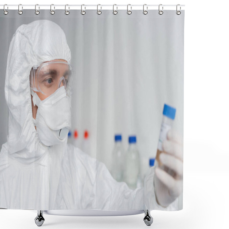 Personality  Scientist In Protective Suit And Mask Holding Vaccine On Blurred Foreground  Shower Curtains