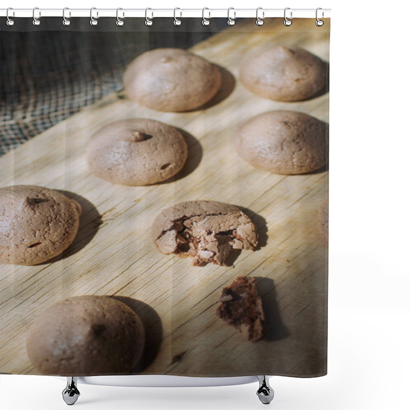 Personality  Chocolate Meringue Cookies On Wooden Cutting Board Shower Curtains