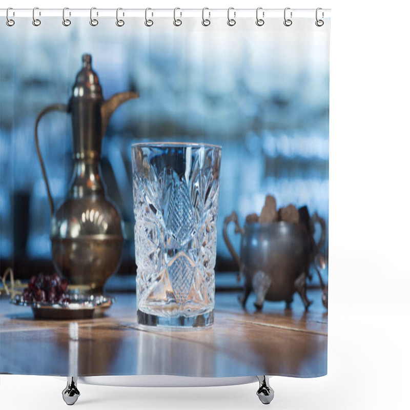 Personality  Close-up View Of Empty Transparent Crystal Glass On Table Shower Curtains