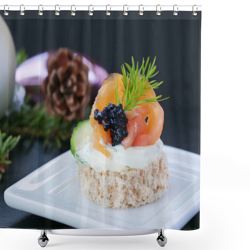 Personality  Tasty Finger Food With Smoked Salmon And Caviar On White Tray Over Dark Background Shower Curtains