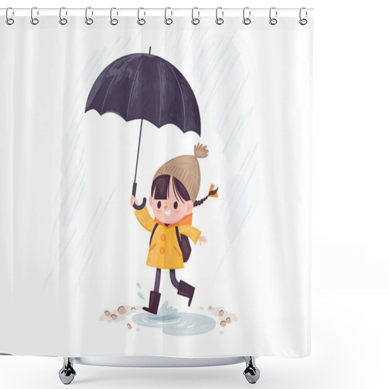 Personality  Rainy Day. Little Girl With Umbrella Running In The Rain Wearing, Dressed A Jacket, Stepped In Puddle. Shower Curtains