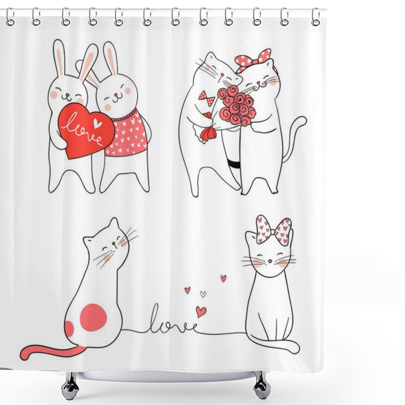 Personality  Collection Of Drawn Cats And Rabbits In Love Isolated On White Background, Romantic Concept  Shower Curtains