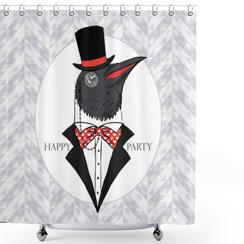 Personality  Hand Drawn Vector Portrait Of Penguin In Tall Hat, Tuxedo And Monocle Shower Curtains