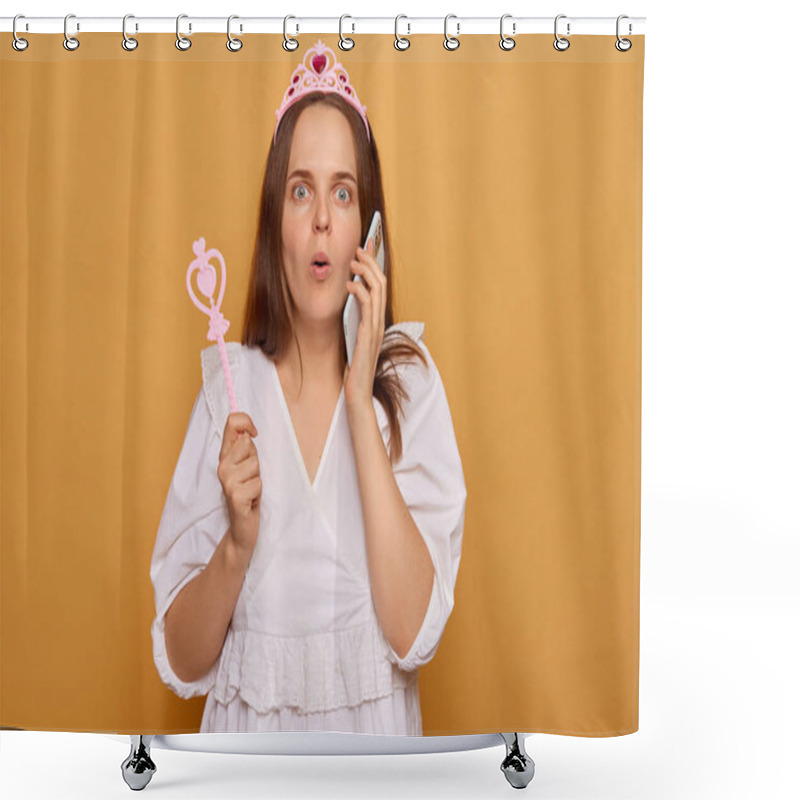 Personality  A Woman Dressed As A Princess, Complete With A Crown And Wand, Looks Shocked While Speaking On The Phone. The Bright Orange Backdrop Enhances Her Playful Demeanor And Costume. Shower Curtains