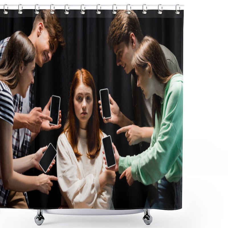 Personality  Smiling Teenagers Pointing With Fingers At Girl During Bullying And Holding Smartphones With Blank Screen On Black Shower Curtains