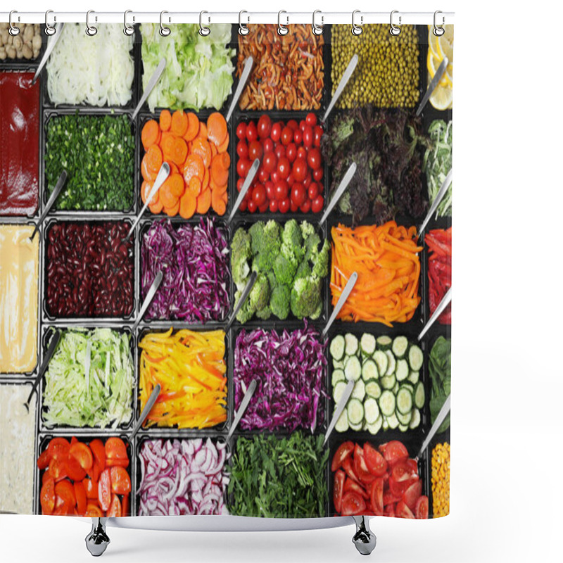 Personality  Salad Bar With Different Fresh Ingredients As Background, Top View Shower Curtains