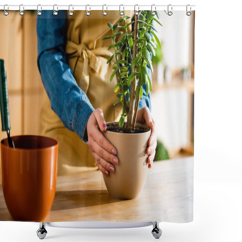 Personality  Cropped View Of Woman Holding Flowerpot With Plant  Shower Curtains