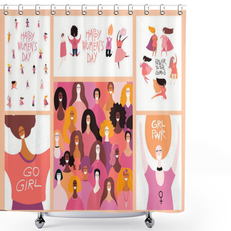 Personality  Set Of Women Day Cards With Diverse Women And Lettering Quotes. Hand Drawn Vector Illustration Shower Curtains