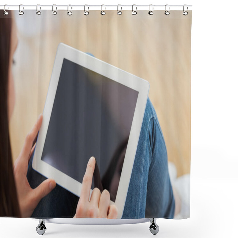 Personality  Teen Using A Tablet Pc Sitting On The Floor Shower Curtains