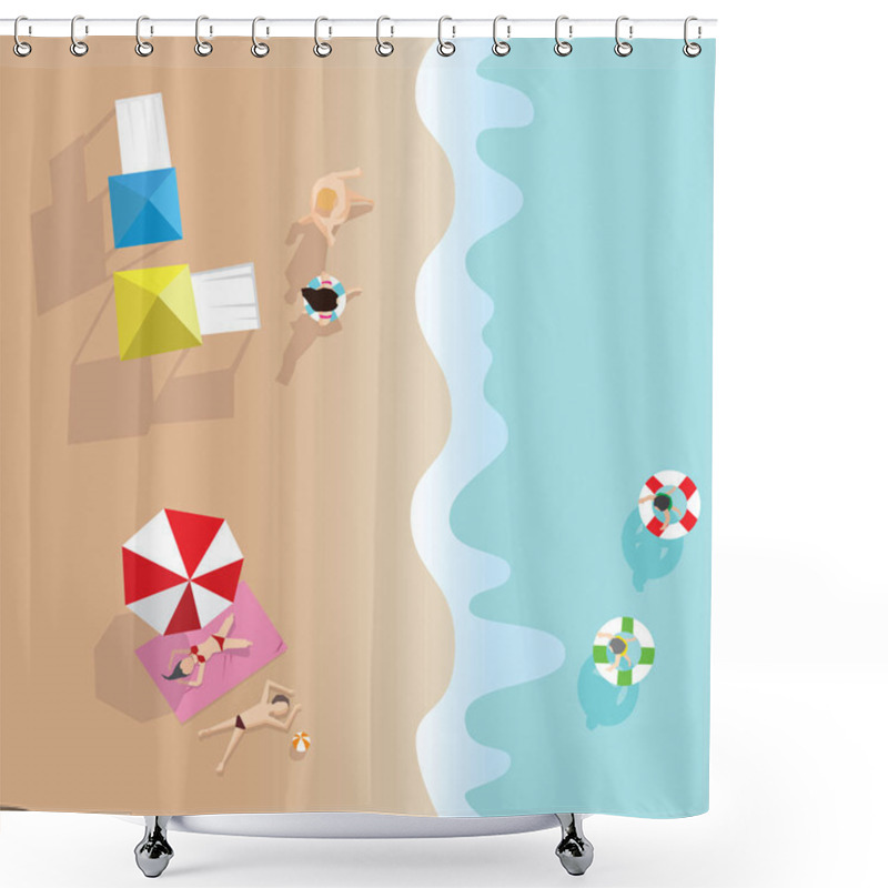 Personality  Summer Beach In Flat Design, Aerial View, Sea Side And Umbrellas Shower Curtains