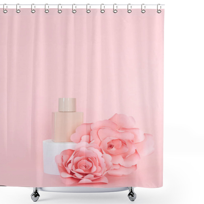 Personality  Pedestal With Bottle And Ornament Of Paper Roses On Pink Background. Copy Space. Shower Curtains