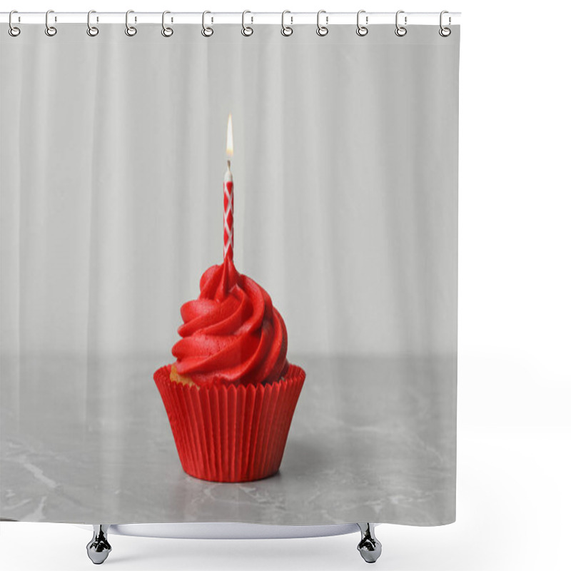 Personality  Delicious Birthday Cupcake With Cream And Burning Candle On Marble Table Shower Curtains