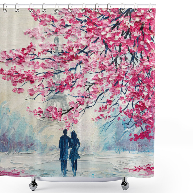 Personality  Oil Painting On Canvas, Couple Of Lovers Under An Umbrella, Paris, Eiffel Tower, Modern Art Shower Curtains