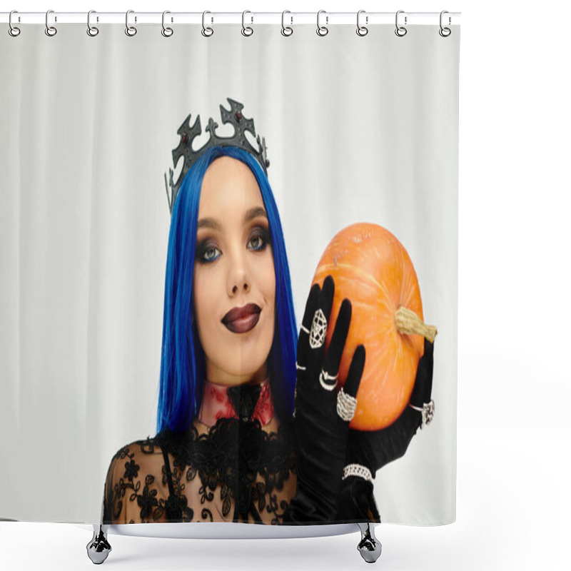 Personality  This Stunning Young Woman Showcases A Creative Halloween Costume While Holding A Bright Pumpkin. Shower Curtains