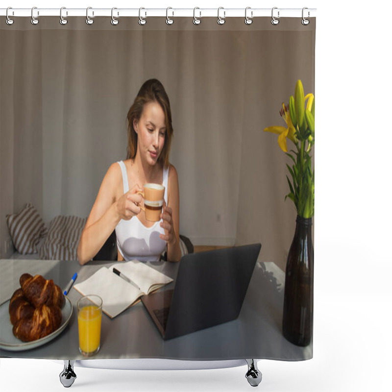 Personality  Blonde Woman Holding Cup And Looking At Laptop Near Flowers And Breakfast At Home  Shower Curtains