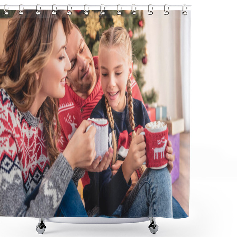 Personality  Happy Parents And Daughter Sitting With Christmas Cups Of Cappuccino At Home Shower Curtains