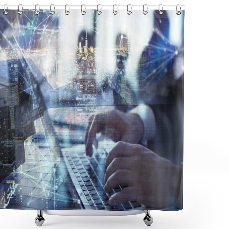 Personality  Business Man Works In Office With Laptop In The Foreground. Concept Of Teamwork And Partnership. Double Exposure With Network Effects Shower Curtains