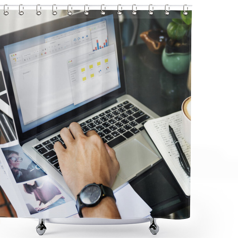 Personality  Young Handsome Man Using Digital Device Shower Curtains