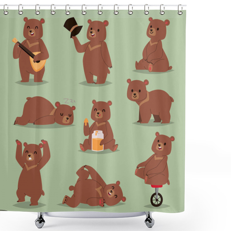 Personality  Ccute Cartoon Vector Bear Emotions Brown Character Happy Smiling Bear Drawing Mammal Teddy Smile. Cheerful Mascot Cartoon Bear Grizzly, Young, Baby Animal Zoo With Honey, Guitare, Circus Bike Wheel Shower Curtains