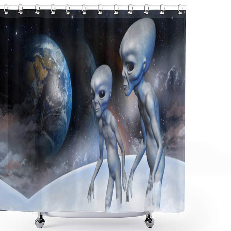 Personality  Two Grey Alien In Earth Orbit Are Observing From The Space Ship For The Planet Earth. Digital. Shower Curtains