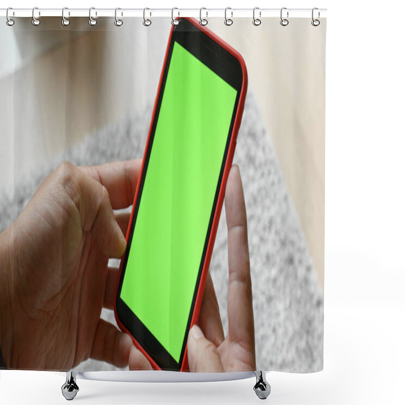 Personality  Woman Using Mobile Phone With Green Screen Shower Curtains