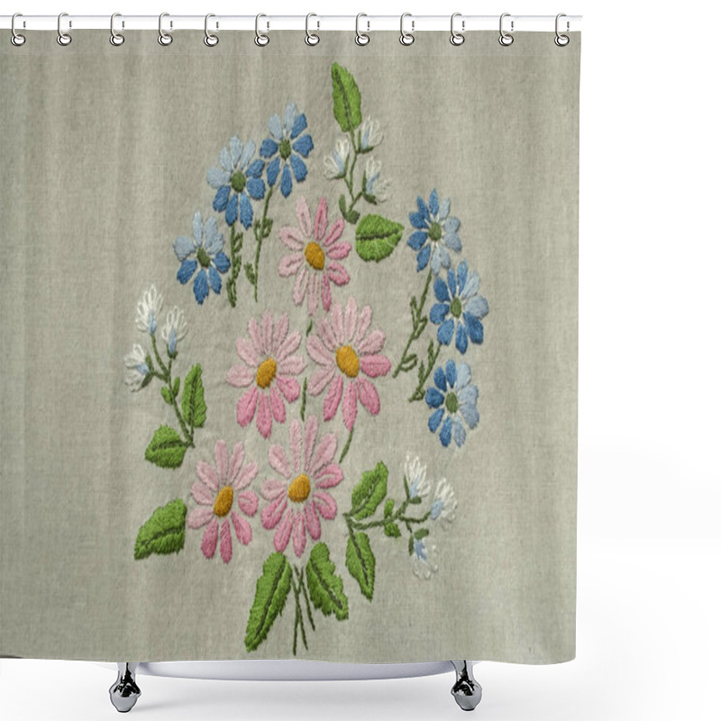 Personality  Cotton Fabric With Embroidered Small Bouquet Of Pink, Blue And White Flowers With Green Leave Shower Curtains