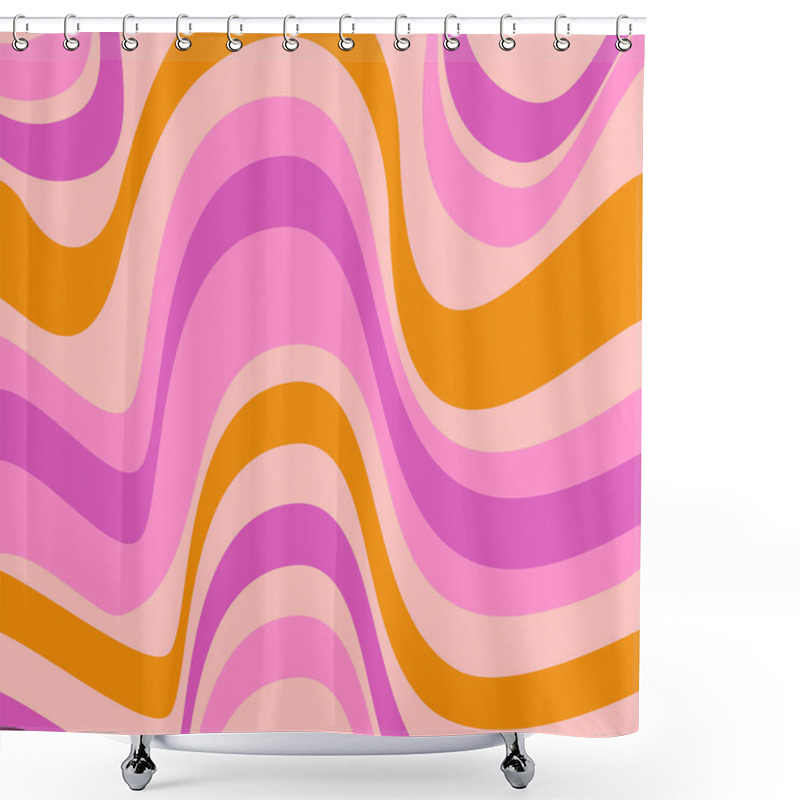 Personality  Groovy Waves Seamless Pattern. Psychedelic Abstract Curved Vector Background In 1970s Hippie Retro Style For Print On Textile, Wrapping Paper, Web Design And Social Media. Pink, Orange, Purple Colors. Shower Curtains