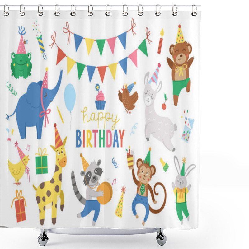 Personality  Set Of Cute Cheerful Animals In Party Hats. Birthday Party Celebration Clipart Collection. Vector Holiday Pack With Bright Present, Cake With Candles, Balloon, Flags. Happy Anniversary Design Element Shower Curtains