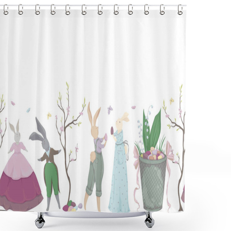 Personality  Vintage Seamless Border With Bunny Characters And Design Elements For The Easter Holiday. Easter Bunny, Eggs, Flowers, Basket, Spring Tree, Butterflies. Vector Illustration In Watercolor Style Shower Curtains