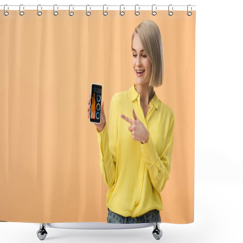 Personality  Smiling Blonde Woman Holding Smartphone With Infographic App On Screen Isolated On Orange Shower Curtains