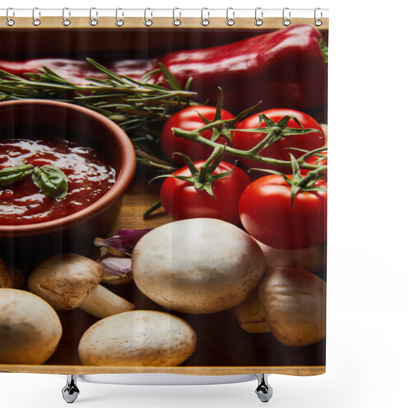 Personality  Delicious Tomato Sauce In Bowl Near Fresh Ripe Vegetables, Rosemary And Mushrooms Shower Curtains