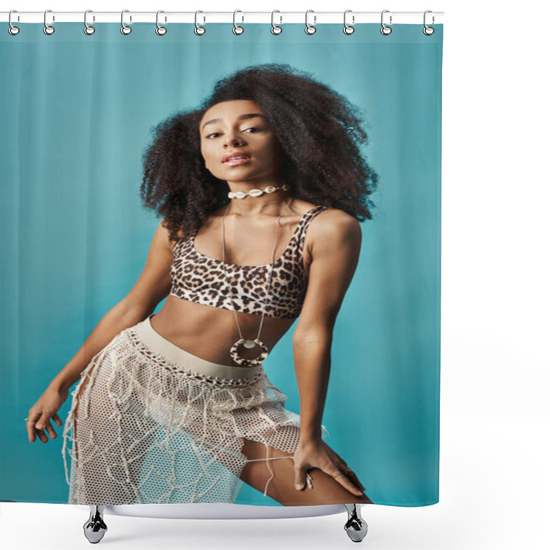 Personality  African American Woman In Leopard Outfit Striking A Pose On Blue Background. Shower Curtains