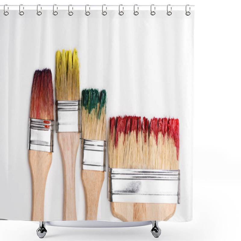 Personality  Top View Of Dirty Paintbrushes On White Background Shower Curtains