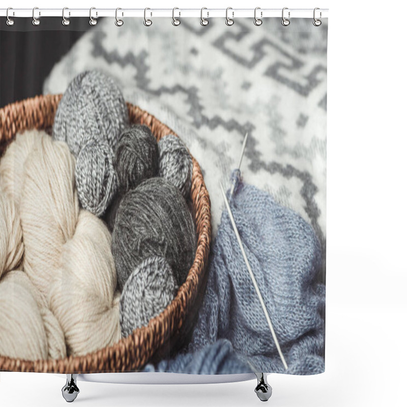 Personality  Close Up View Of Knitting Clews In Wicker Basket With Grey Blanket On Background Shower Curtains