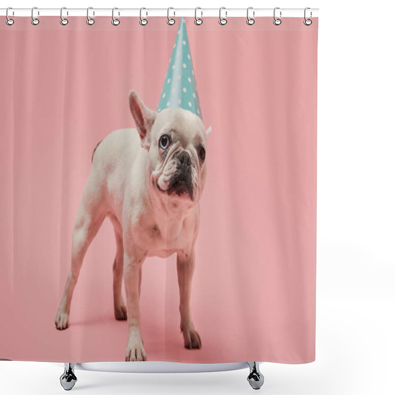 Personality  White French Bulldog In Blue Birthday Cap On Pink Background Shower Curtains