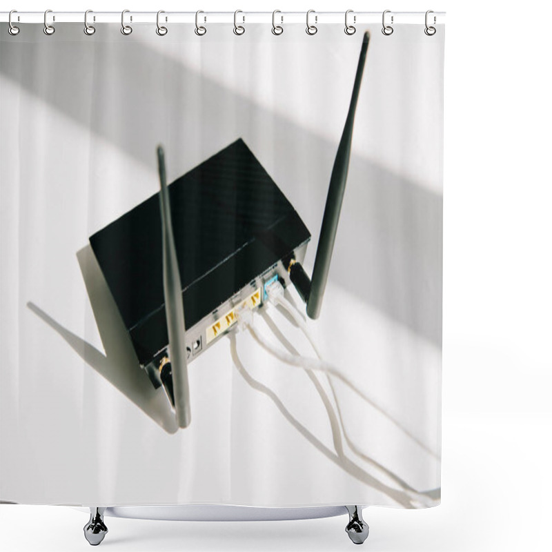 Personality  Black Plugged Router On White Office Table In Sunshine Shower Curtains