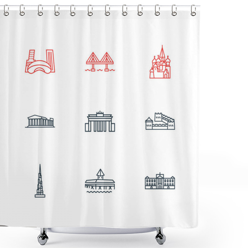 Personality  Illustration Of 9 History Icons Line Style. Editable Set Of Millau Bridge, St Basils Cathedral, Buckingham Palace And Other Icon Elements. Shower Curtains