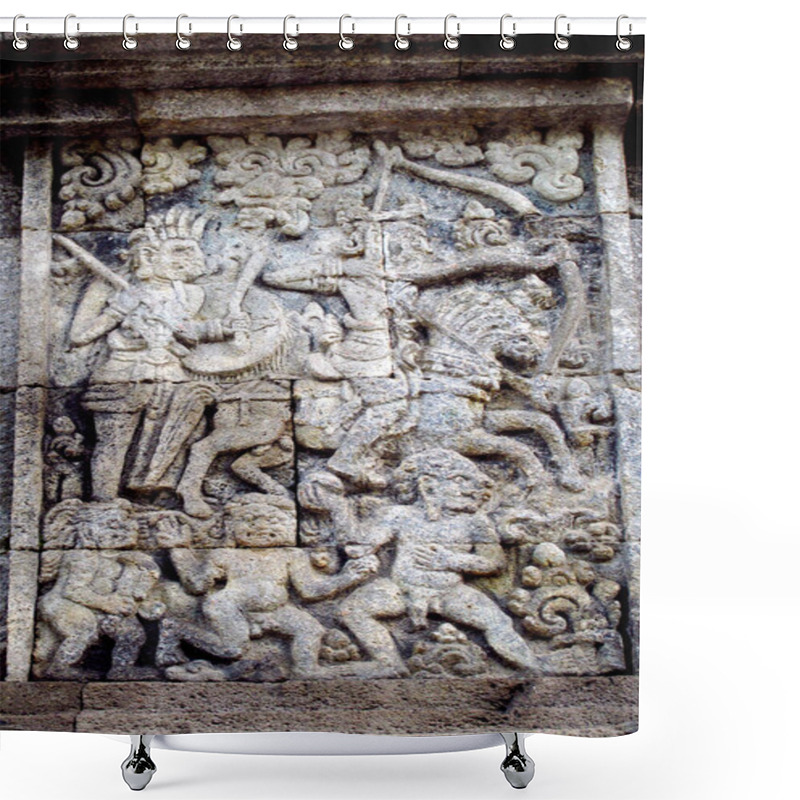 Personality  Relief Or Carving On The Stone Wall At Penataran Temple Shower Curtains