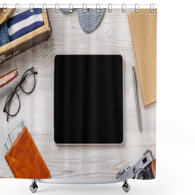 Personality  Tablet With Blank Screen And Travel Bag With Clothes, Sun Hat, Flip Flops, And A Camera Arranged On A Wooden Background, Flat Lay Style, With Copy Space For Your Text Or App Shower Curtains