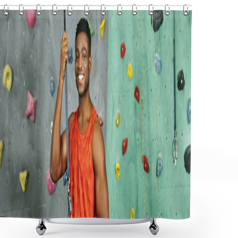 Personality  Joyful Athletic African American Man In Orange Shirt Smiling Happily At Camera, Bouldering, Banner Shower Curtains