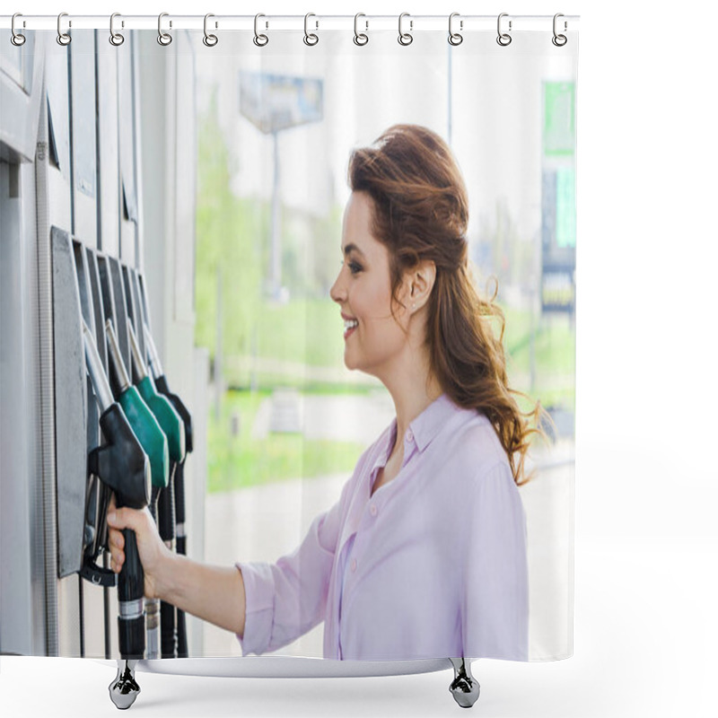 Personality  Happy Woman Holding Fuel Pump While Smiling At Gas Station  Shower Curtains